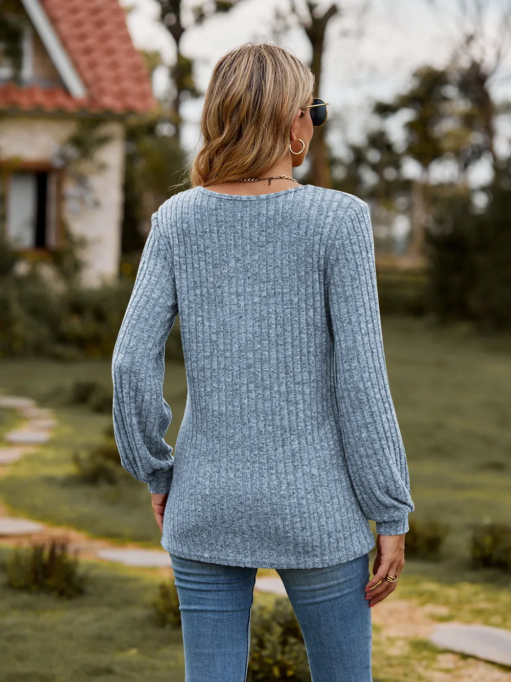 Round Neck Button-Down Long Sleeve Tee, image 9