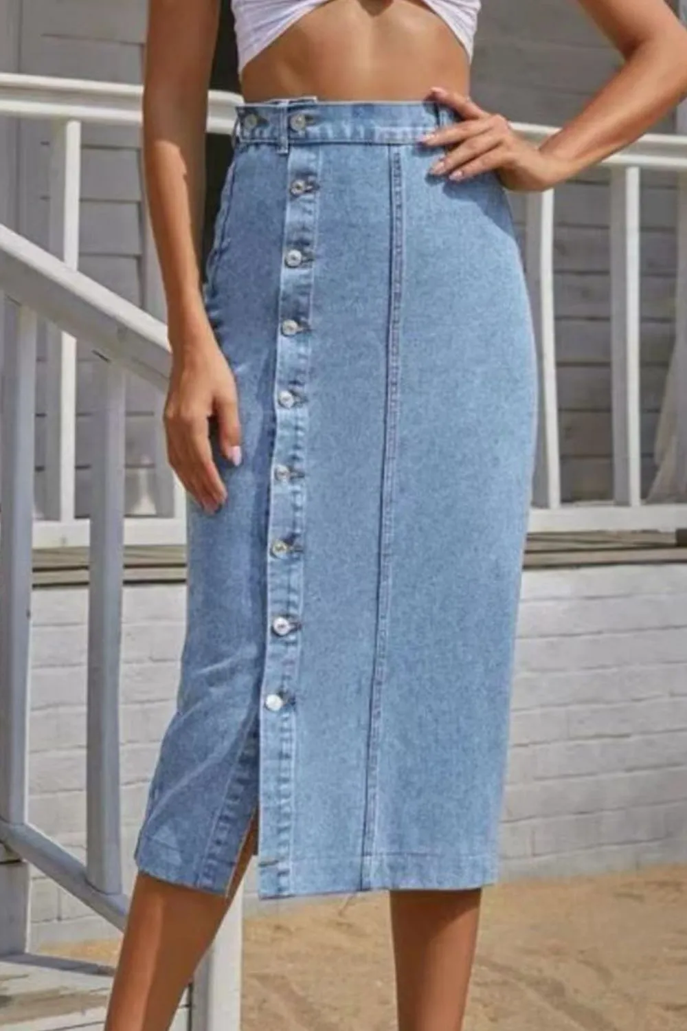 Buttoned Split Denim Skirt, image 3