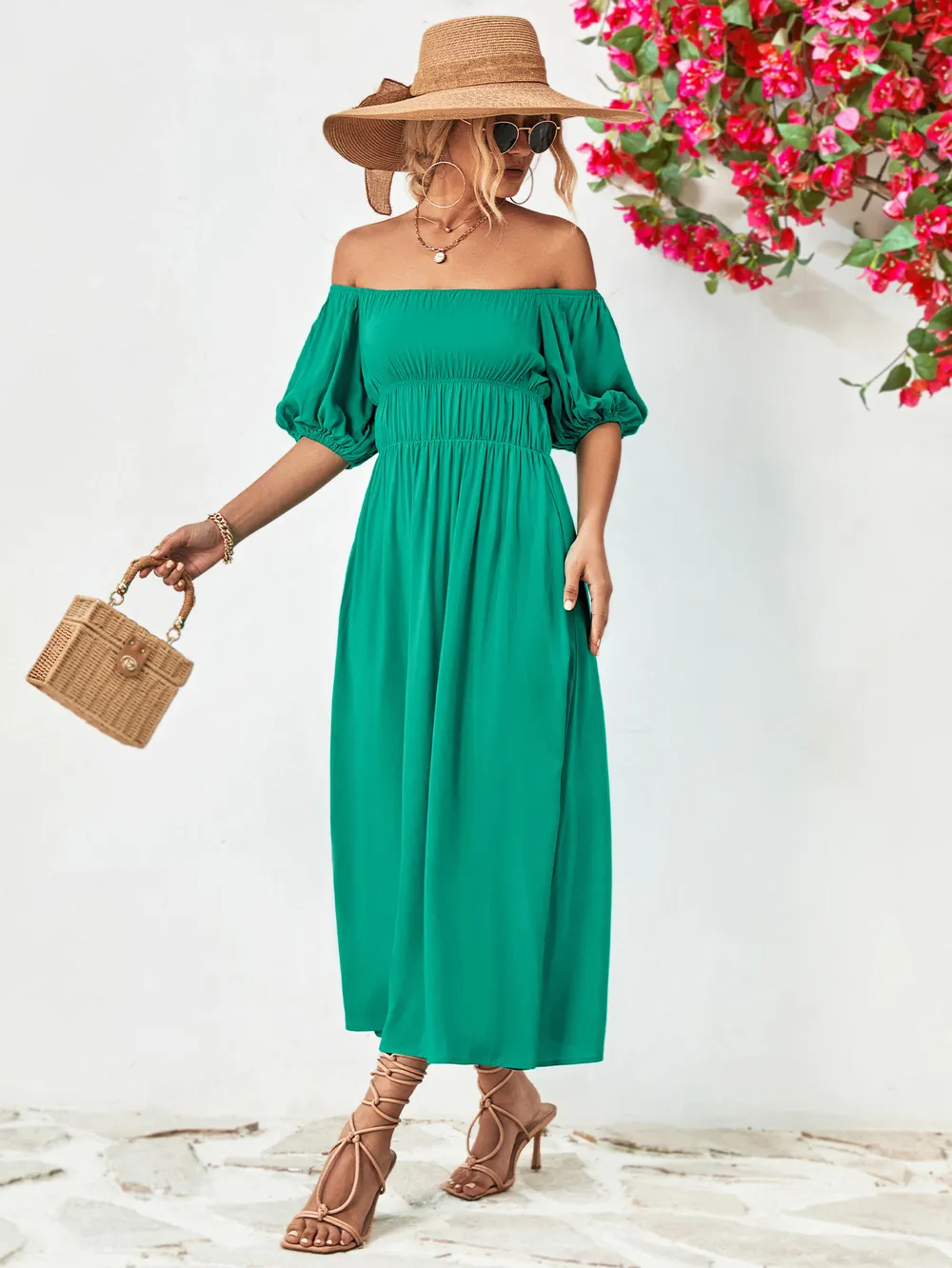 Off-Shoulder Balloon Sleeve Midi Dress, image 11