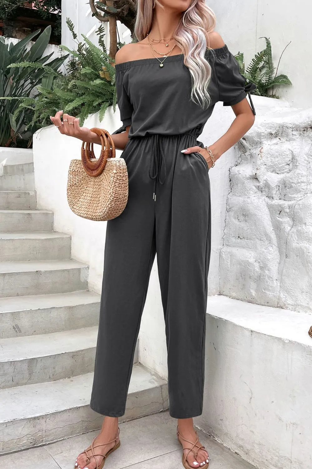 Off-Shoulder Tie Cuff Jumpsuit with Pockets, image 4