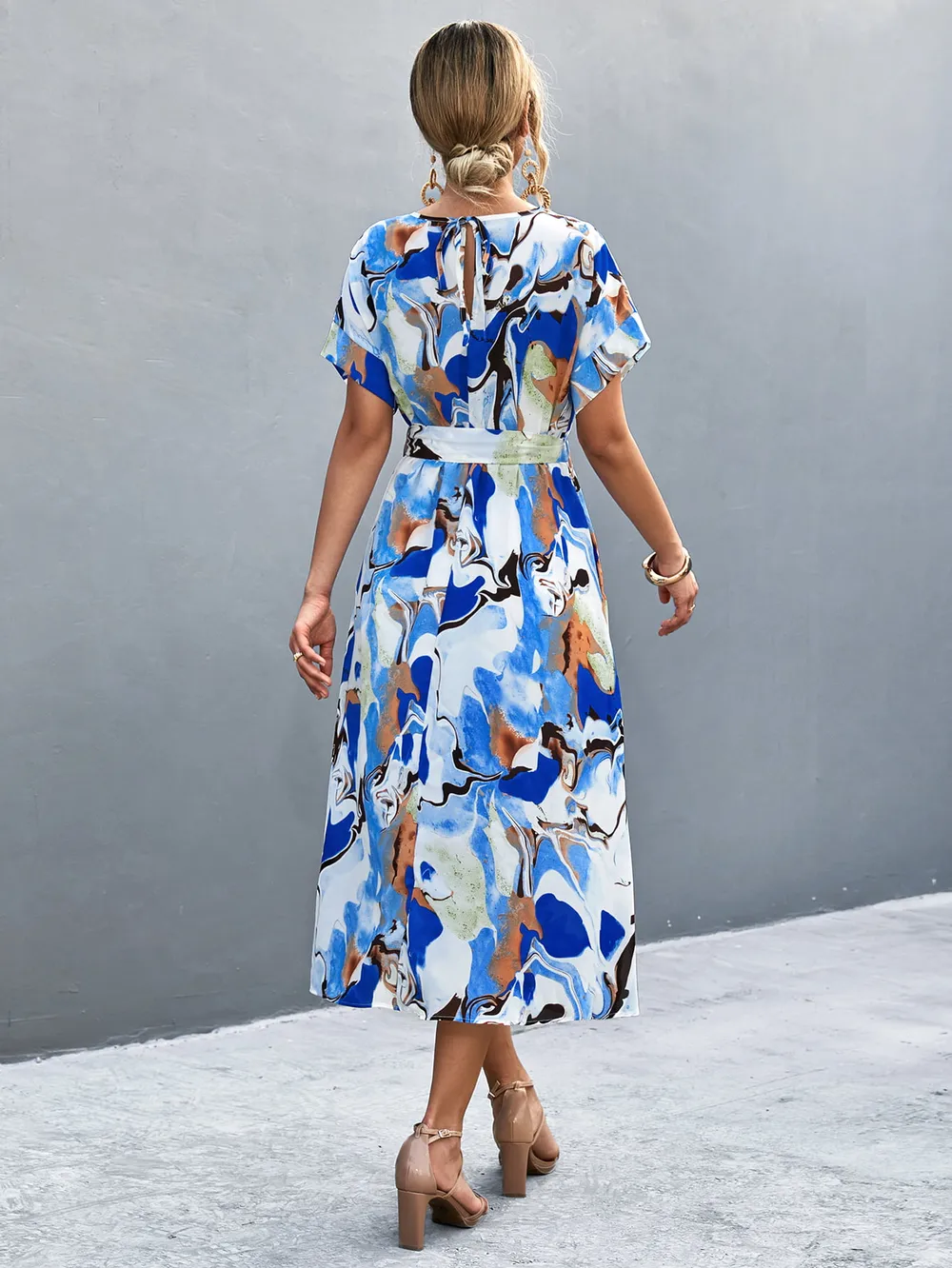 Round Neck Short Sleeve Tie Waist Midi Dress, image 10