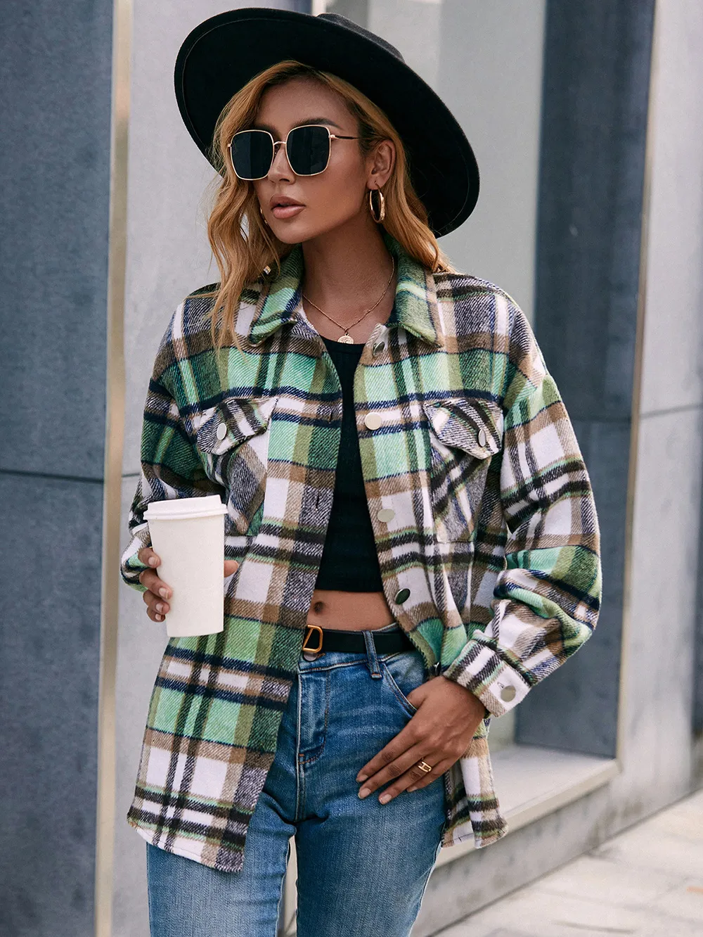 Meet You Outside Plaid Button Down Curved Hem Shacket, image 5