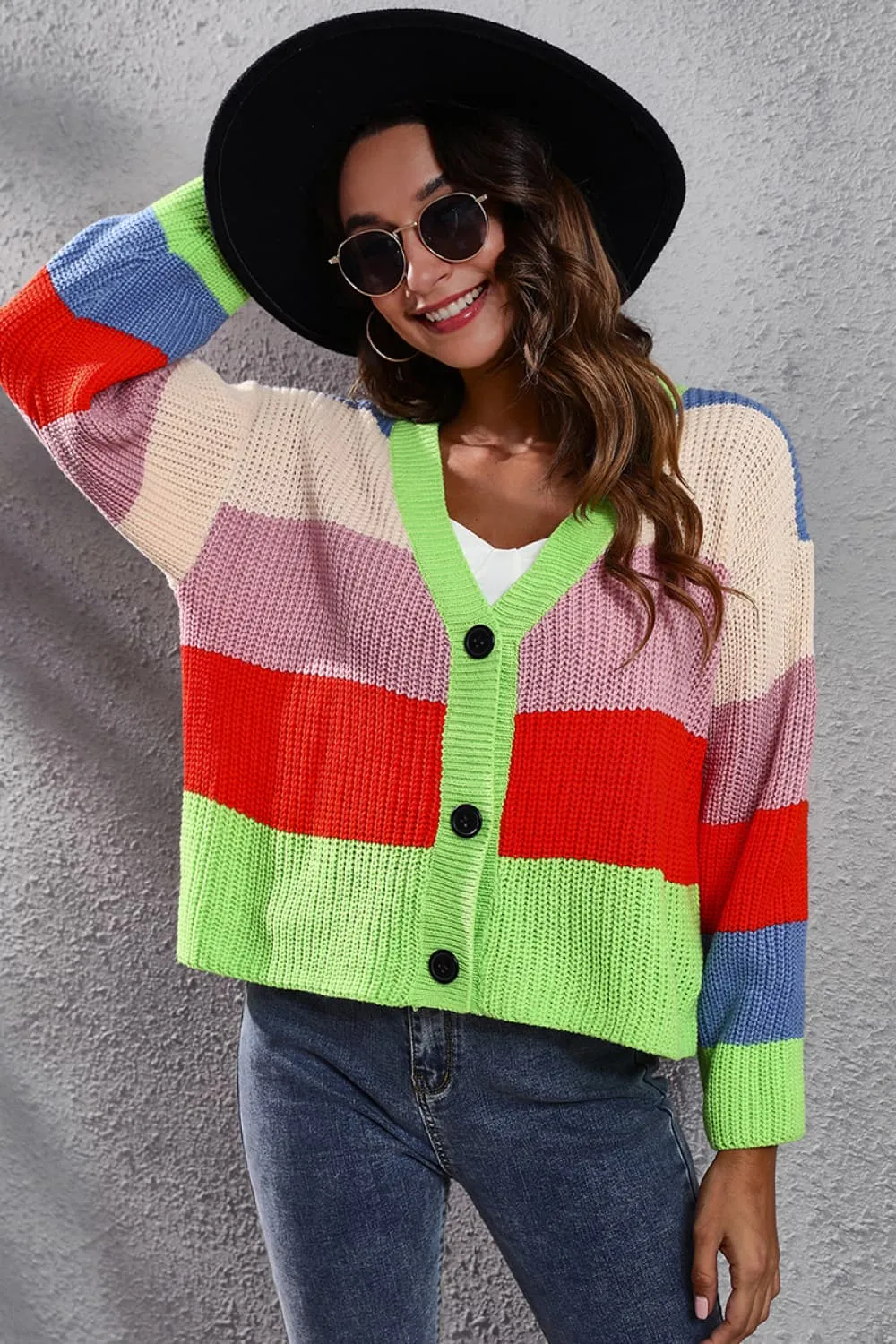 Color Block Button-Down Dropped Shoulder Cardigan, image 4
