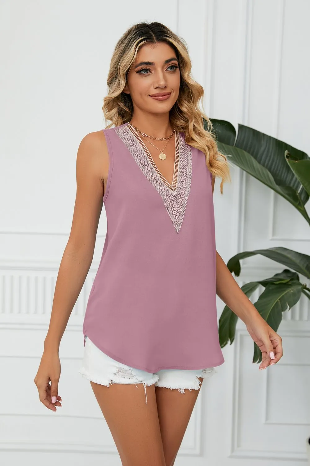 Contrast Trim Plunge Sleeveless Blouse, image 22
