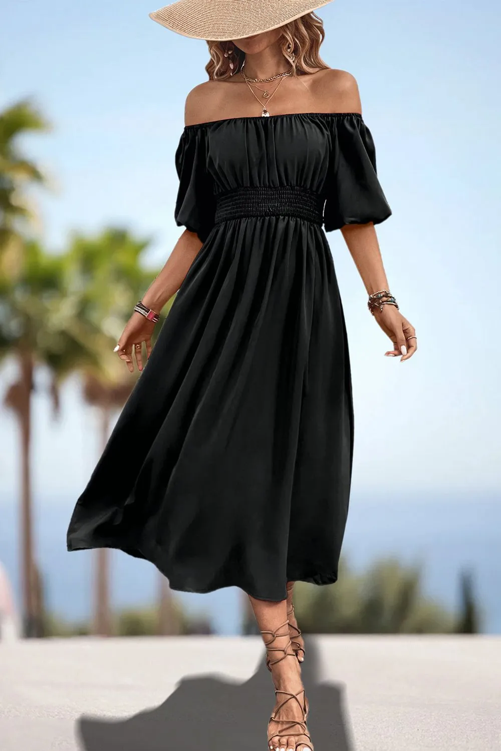 Square Neck Smocked Waist Puff Sleeve Midi Dress, image 8