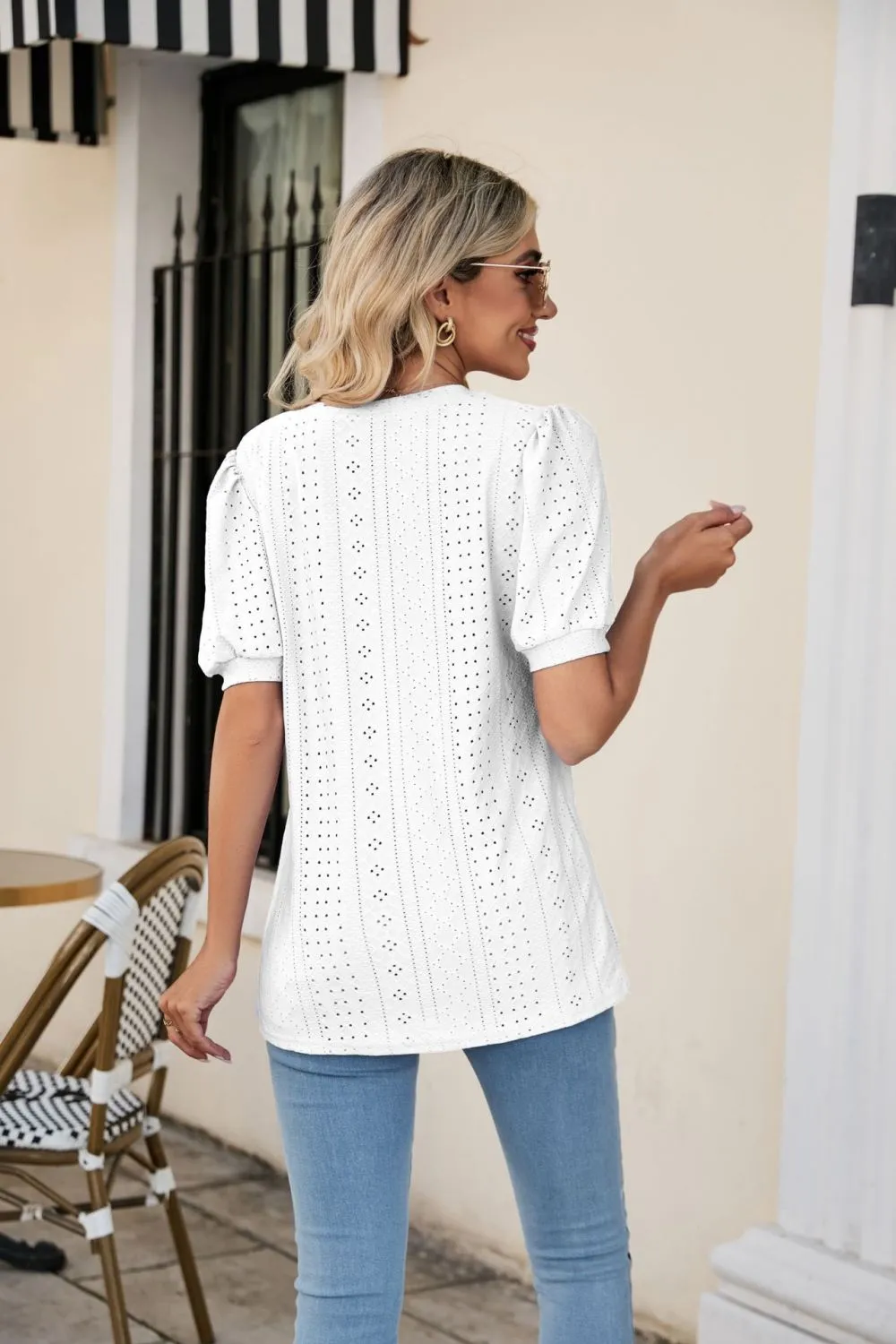 Eyelet Puff Sleeve V-Neck Top, image 12