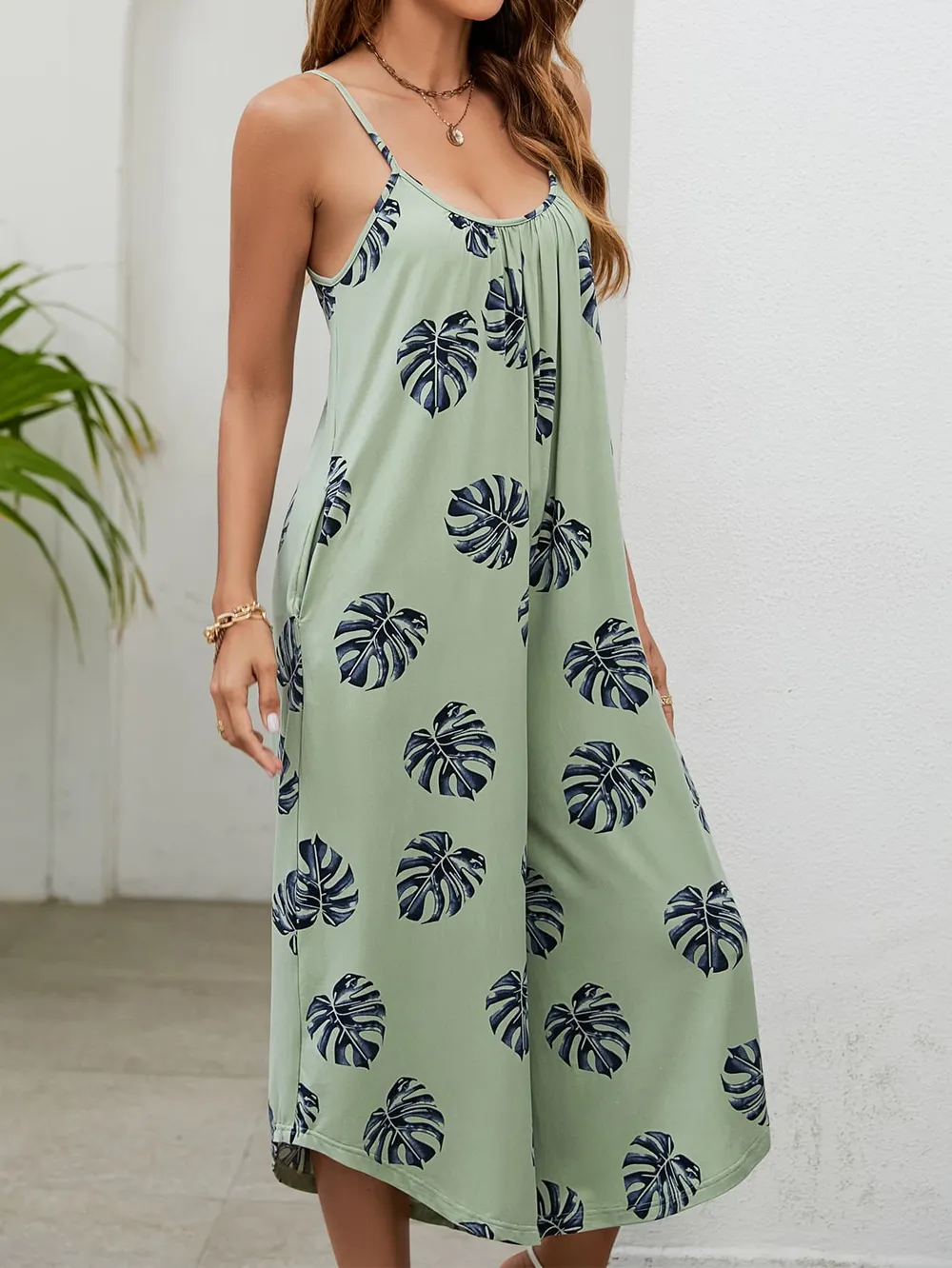 Botanical Print Spaghetti Strap Scoop Neck Jumpsuit, image 4