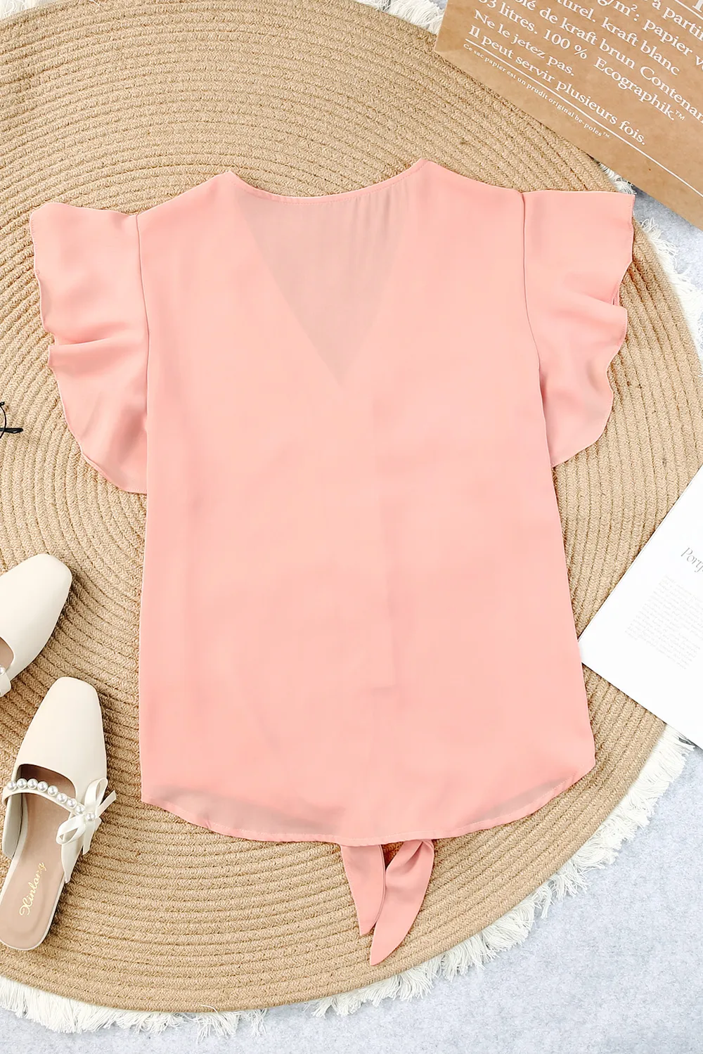 V-Neck Tie Hem Flutter Sleeve Blouse, image 23