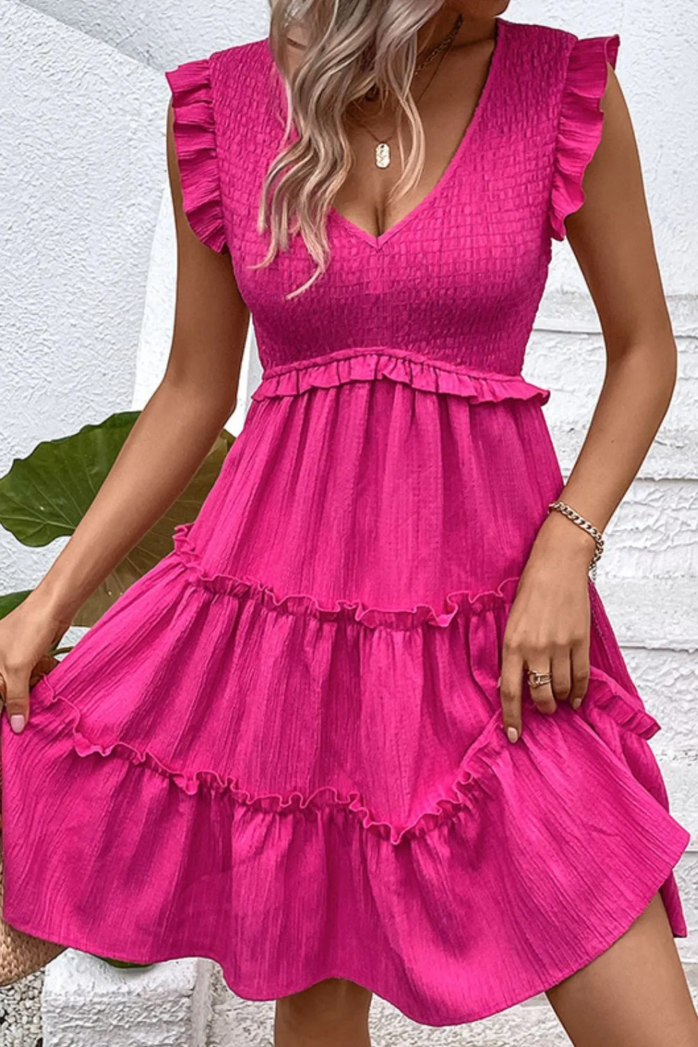Smocked Frill Trim Deep V Dress, image 3