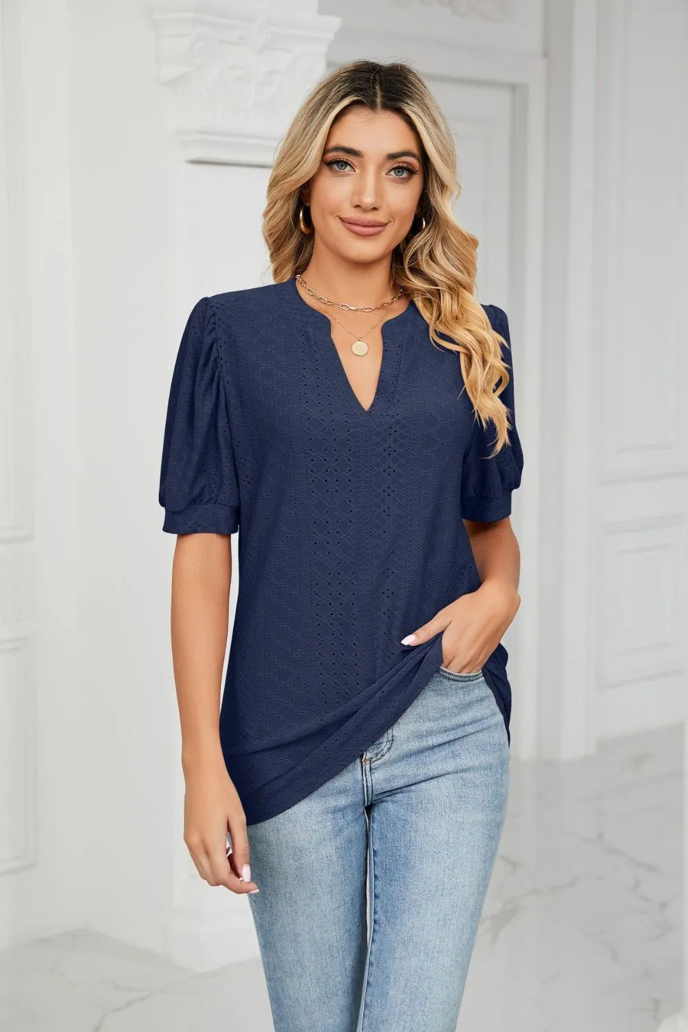 Eyelet Short Puff Sleeve Notched Neck Top, image 32
