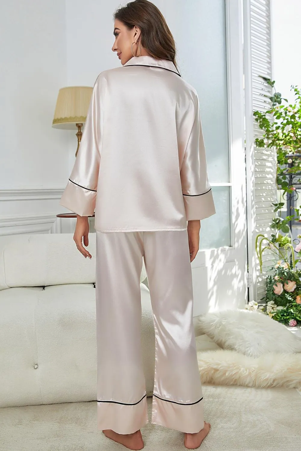 Contrast Piping Button-Up Top and Pants Pajama Set, image 13
