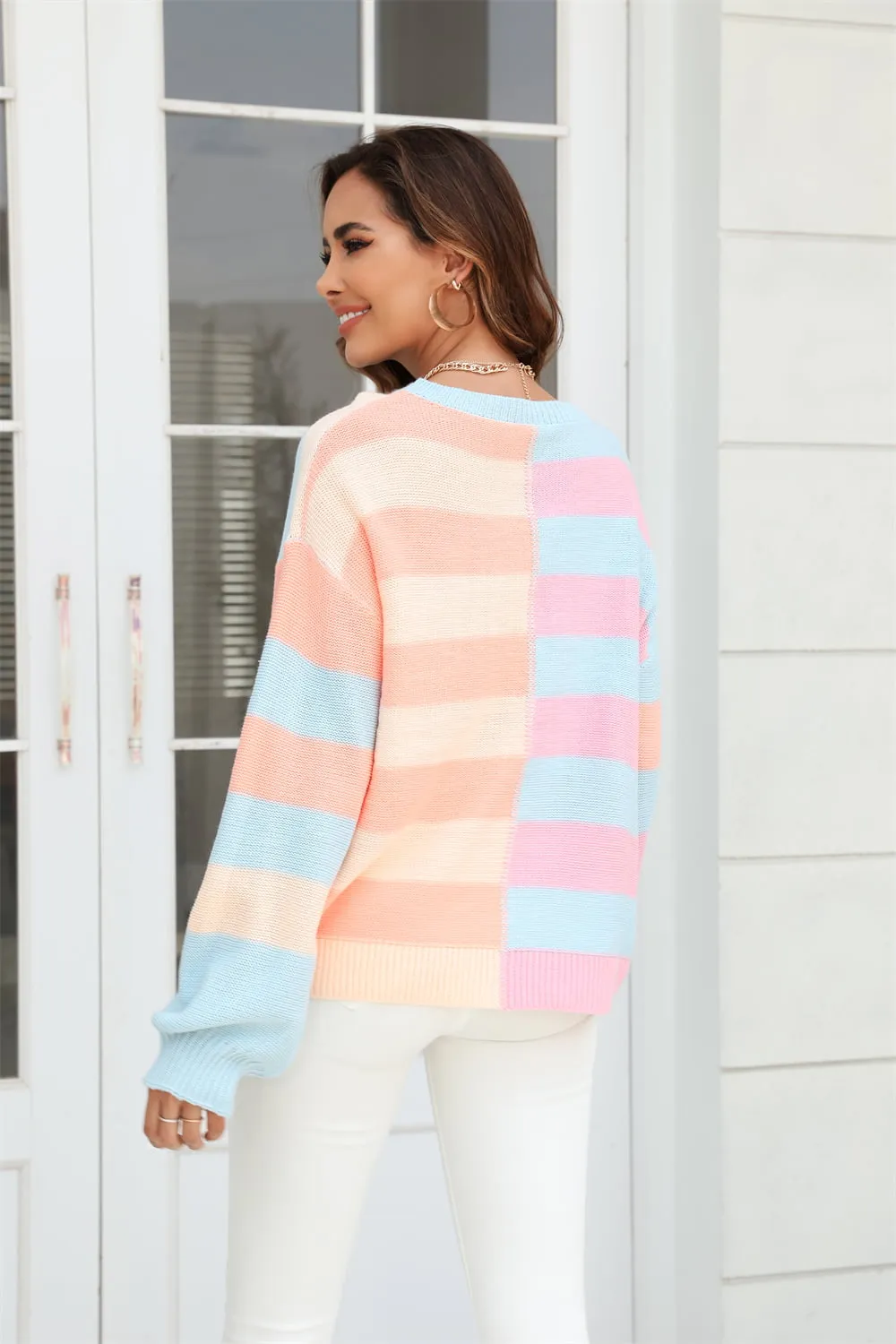 Round Neck Long Sleeve Color Block Dropped Shoulder Pullover Sweater, image 2