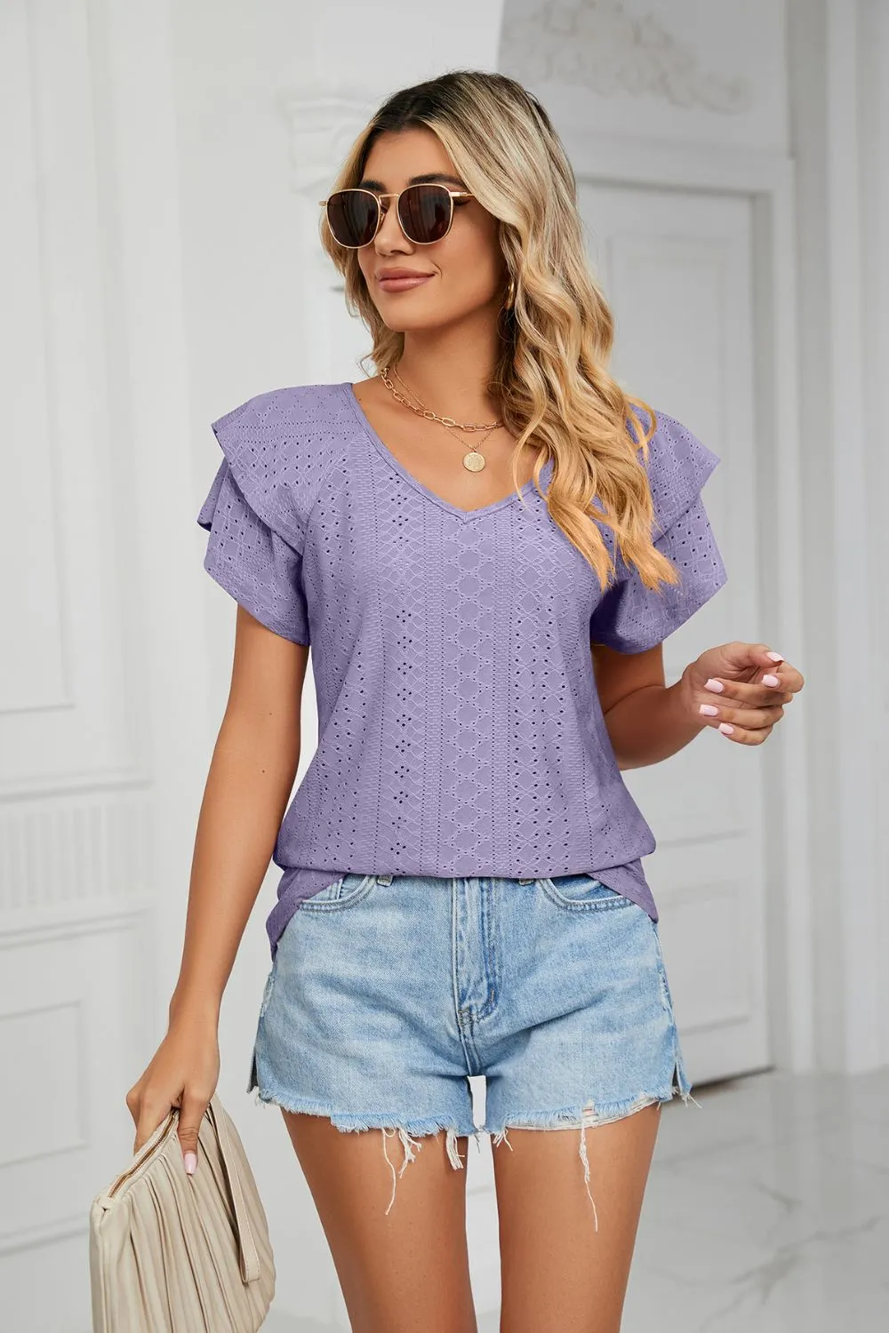 Eyelet Layered Flutter Sleeve V-Neck Knit Top, image 2