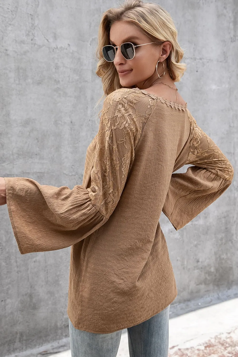 V-Neck Spliced Lace Flare Sleeve Top, image 7