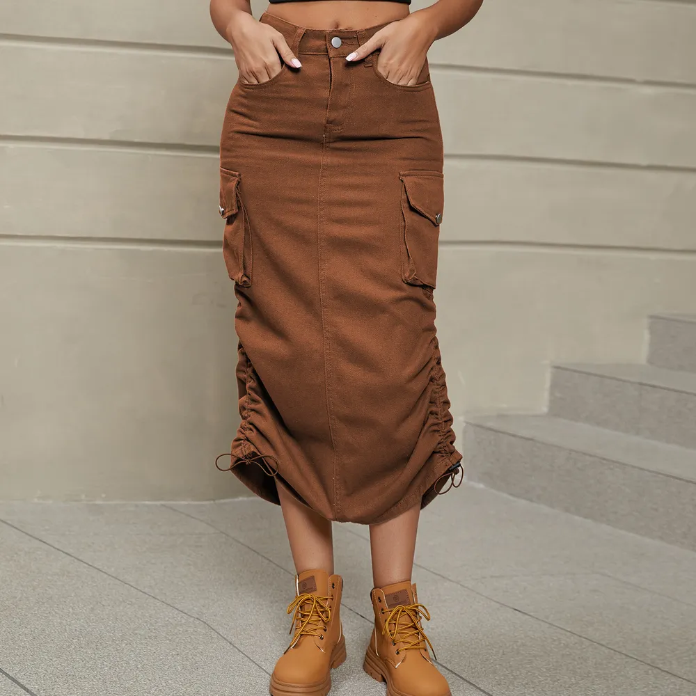 Drawstring Ruched Slit Denim Midi Skirt, image 14