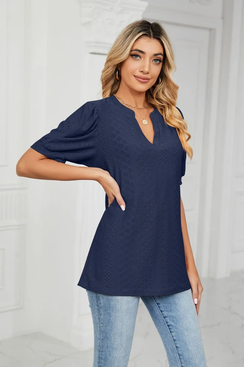 Eyelet Short Puff Sleeve Notched Neck Top, image 33