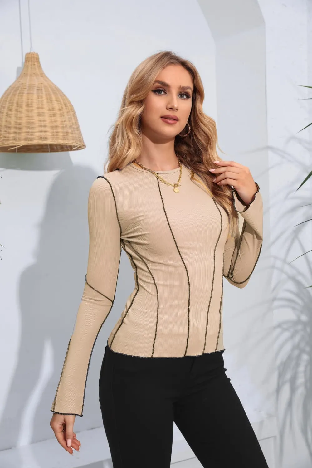 Ribbed Round Neck Long Sleeve Blouse, image 6
