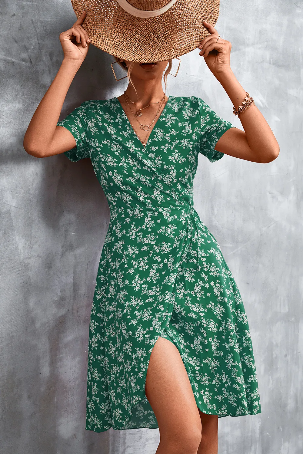 Floral Surplice Neck Flutter Sleeve Dress, image 9