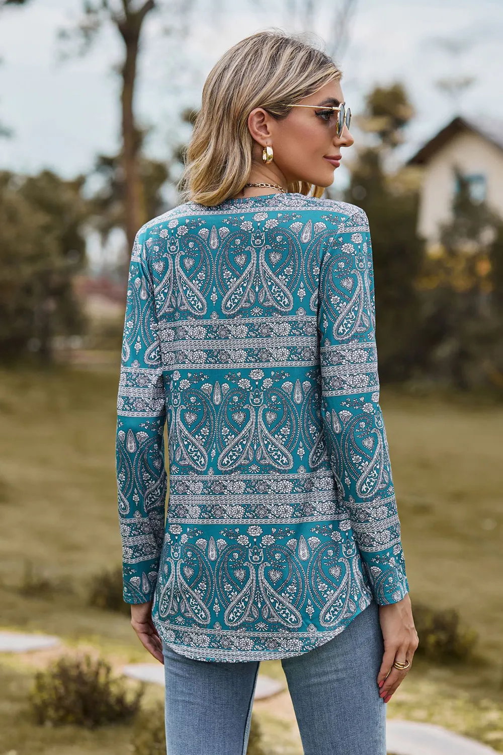 Printed Square Neck Long Sleeve Blouse, image 3