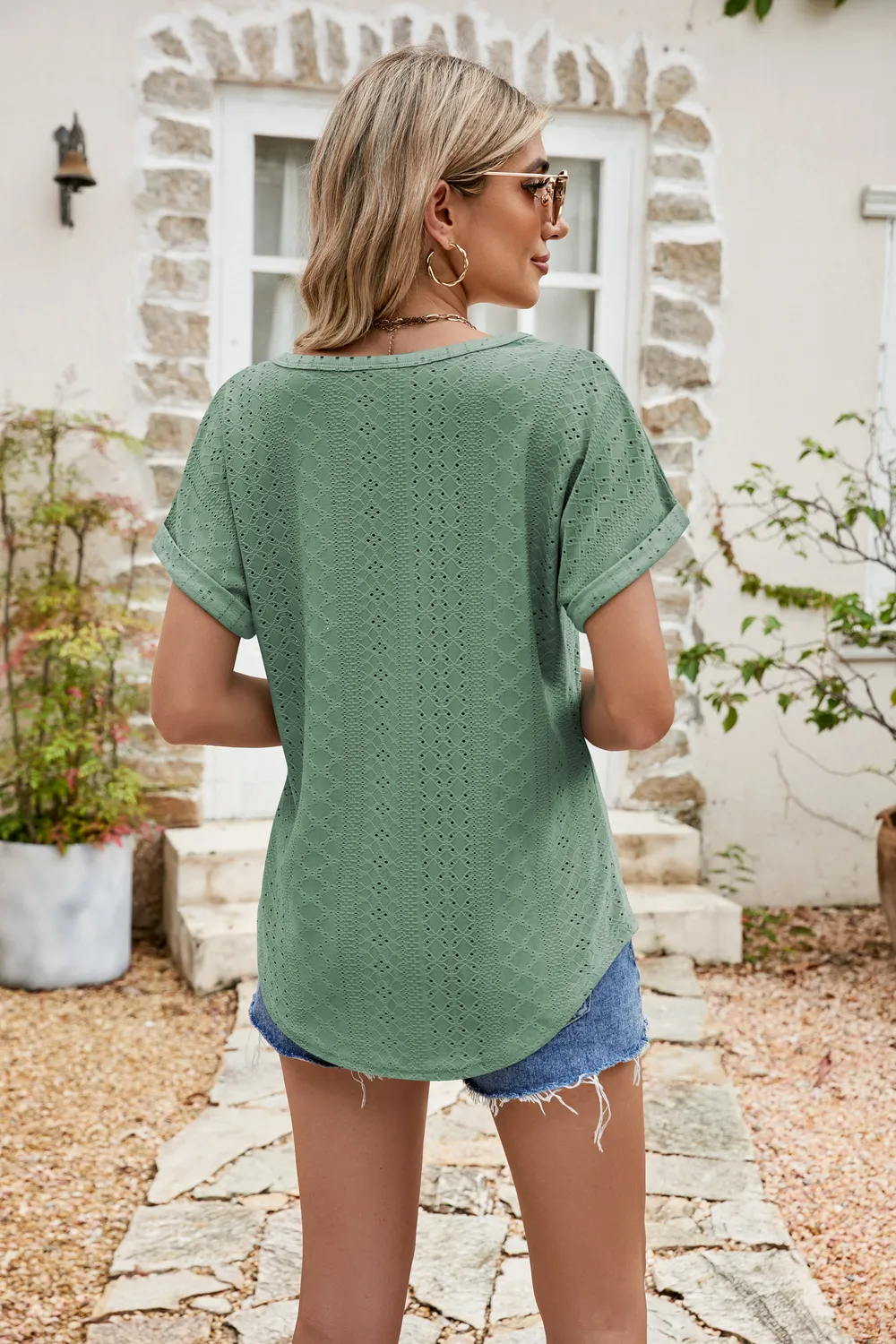 Full Size Round Neck Eyelet Short Sleeve Top, image 18