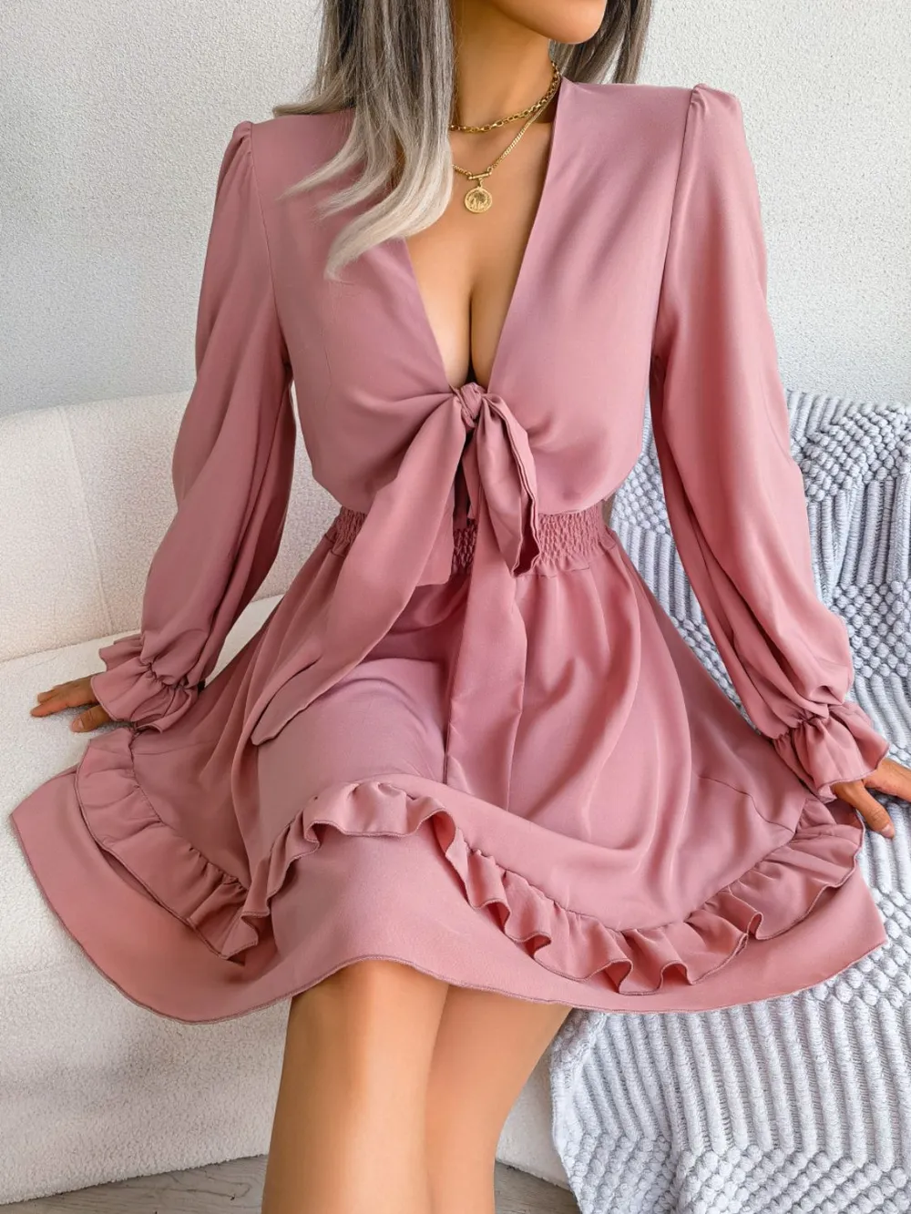 Tie Front Smocked Waist Flounce Sleeve Dress, image 4