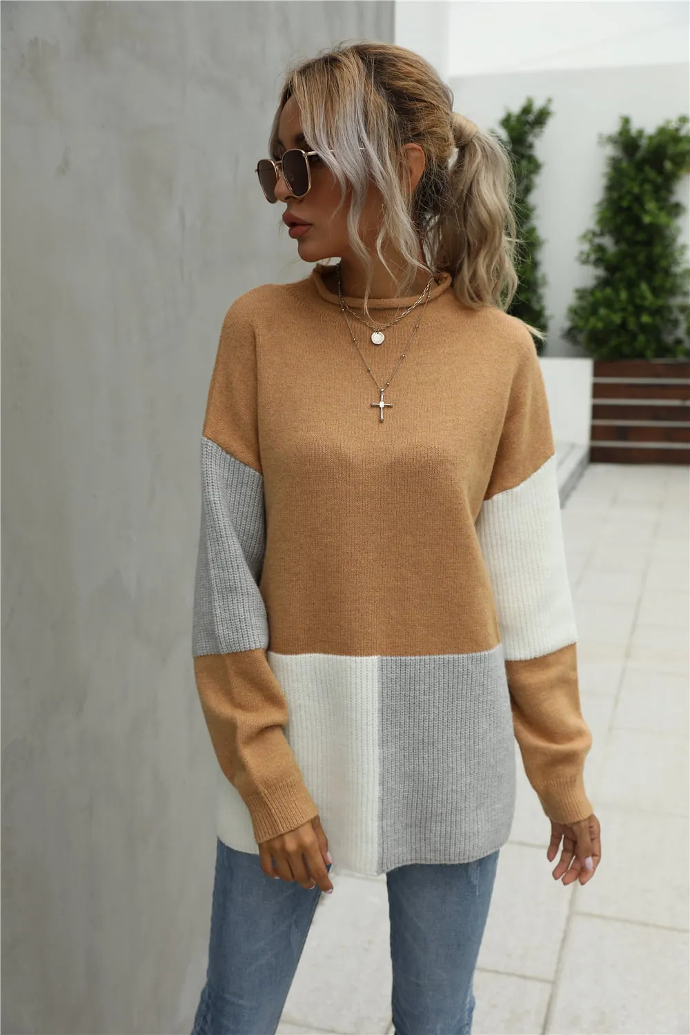 Color Block Round Neck Dropped Shoulder Sweater, image 4
