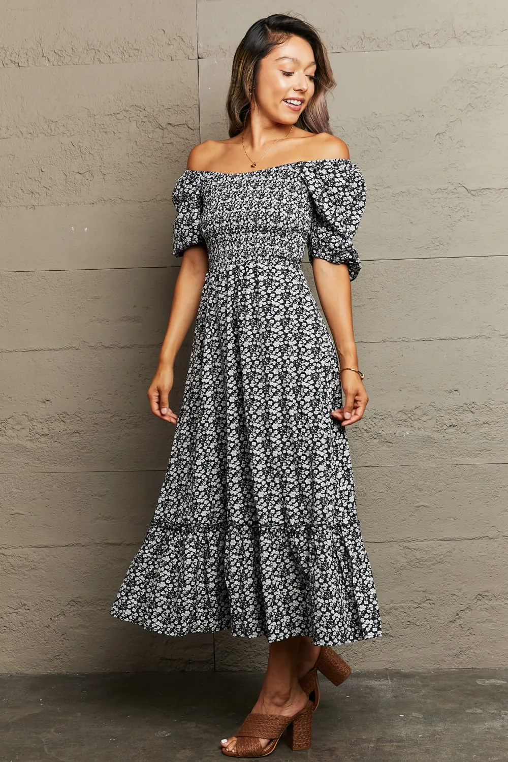 Floral Lace-Up Off-Shoulder Midi Dress, image 3