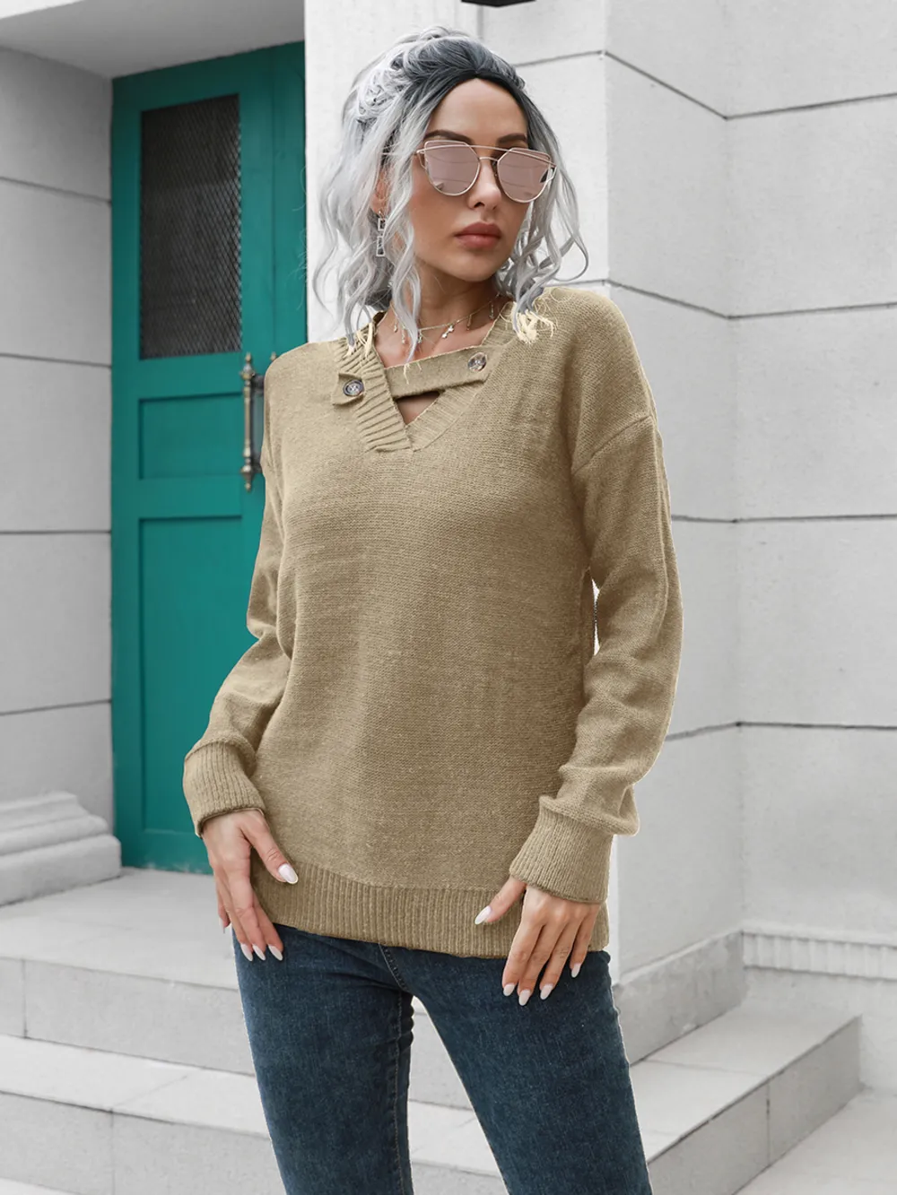 Dropped Shoulder Button Detail Sweater, image 5
