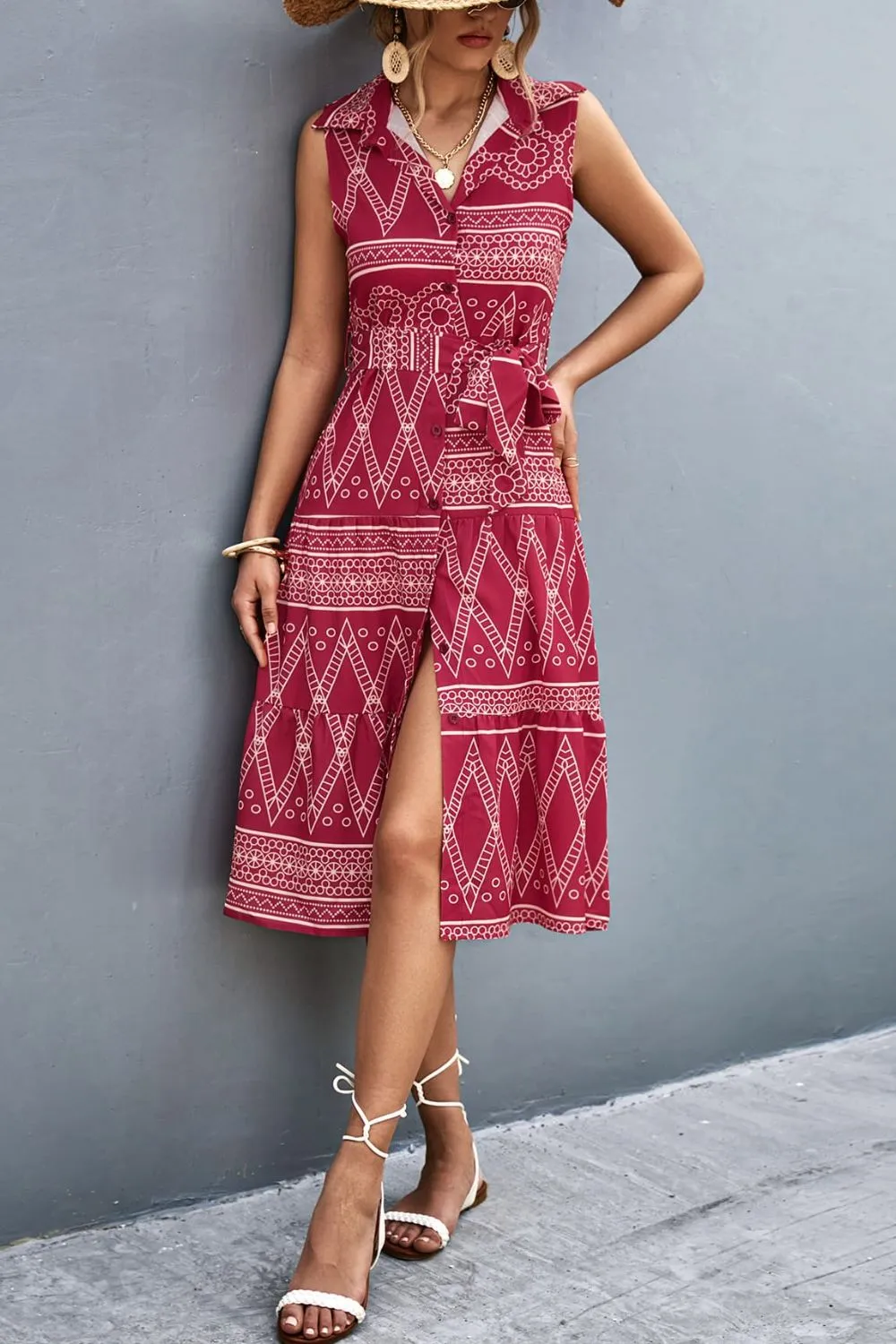 Printed Button Front Tie-Waist Sleeveless Collared Dress, image 3