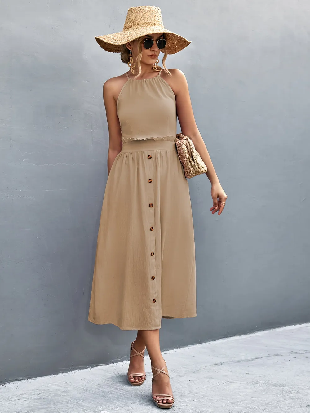 Buttoned Halter Neck Frill Trim Midi Dress, image 7