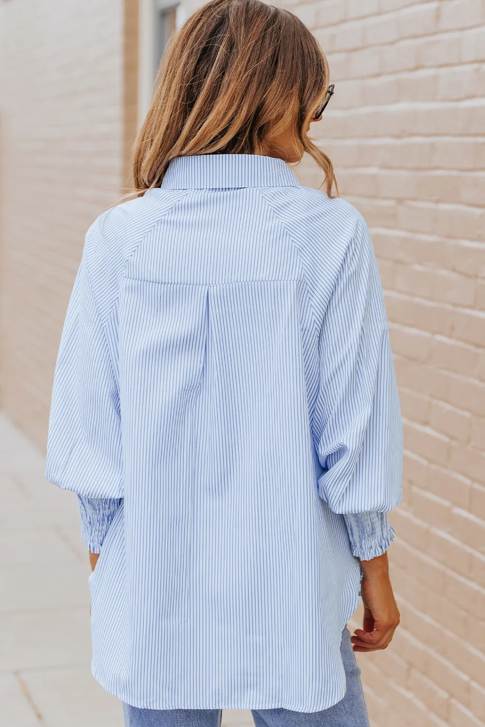 Striped Lantern Sleeve Collared Shirt, image 16
