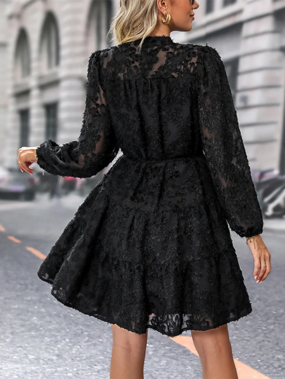 V-Neck Long Sleeve Buttoned Dress, image 3