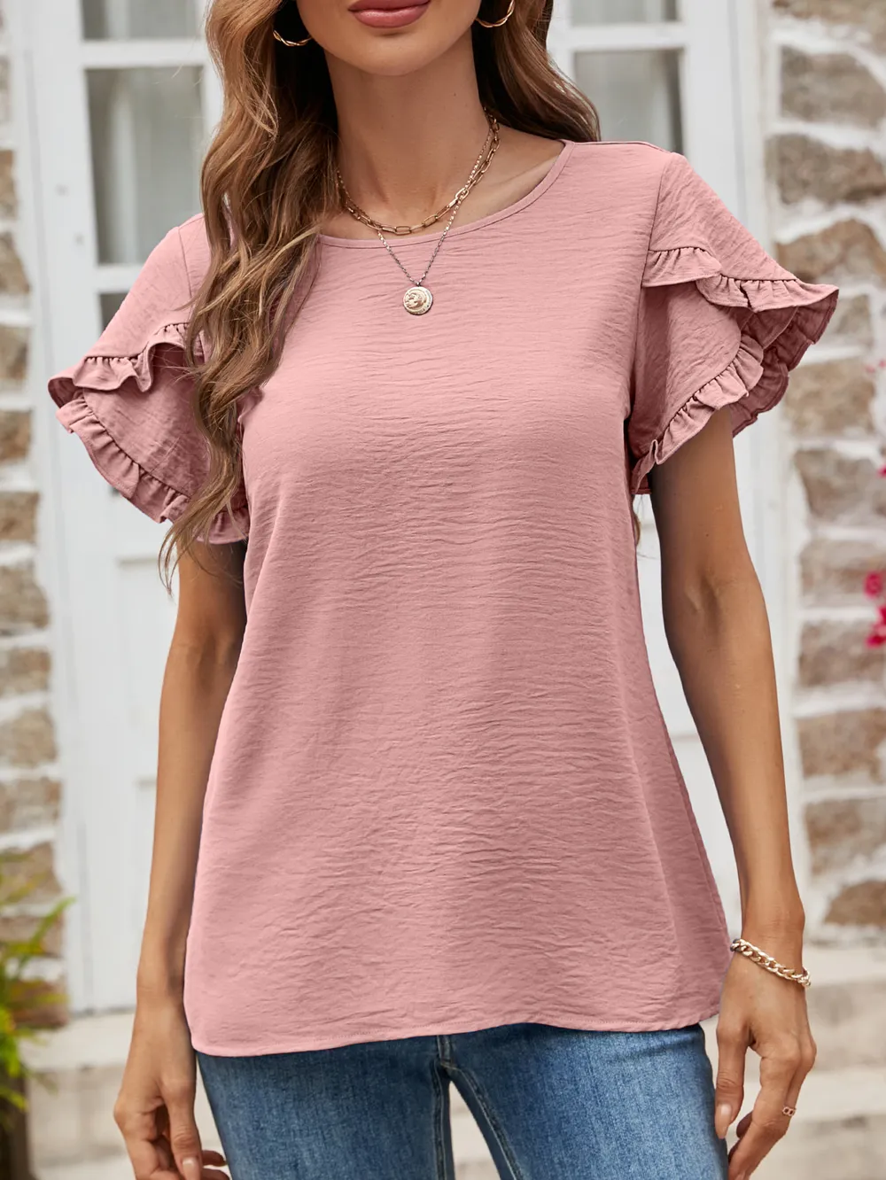 Textured Petal Sleeve Round Neck Tee, image 5