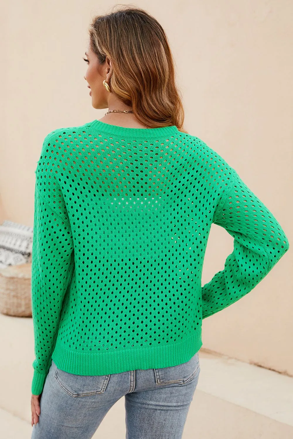 Round Neck Openwork Dropped Shoulder Knit Top, image 9