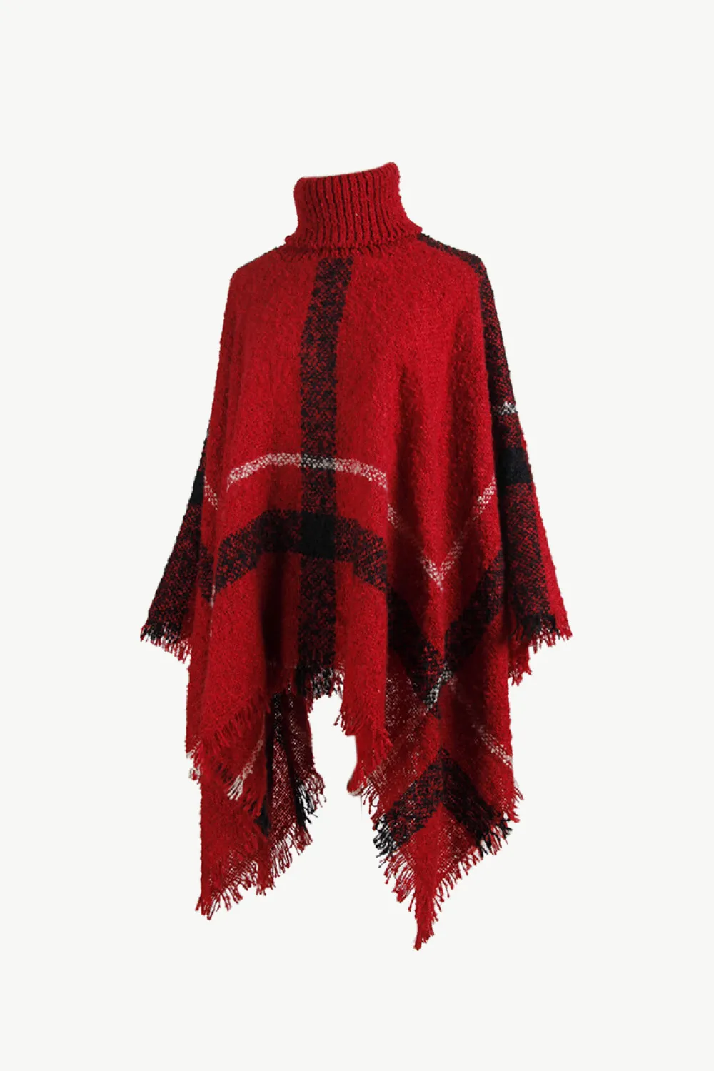 Plaid Turtleneck Raw Hem Poncho, image 7