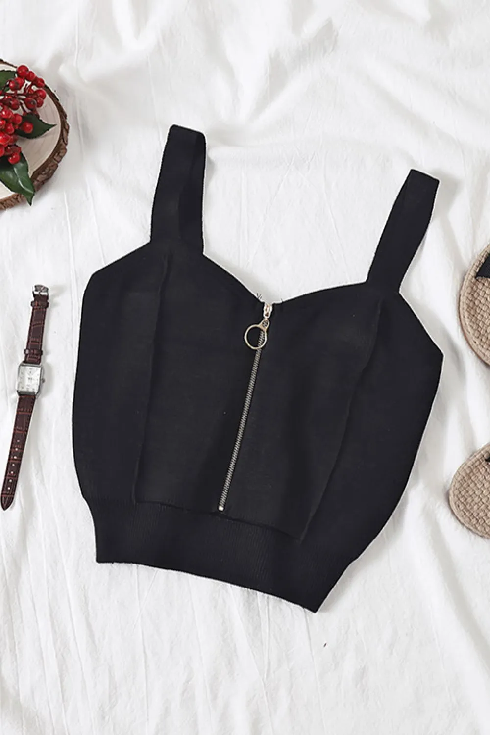 Zip-Up Cutout Sleeveless Knit Top, image 8
