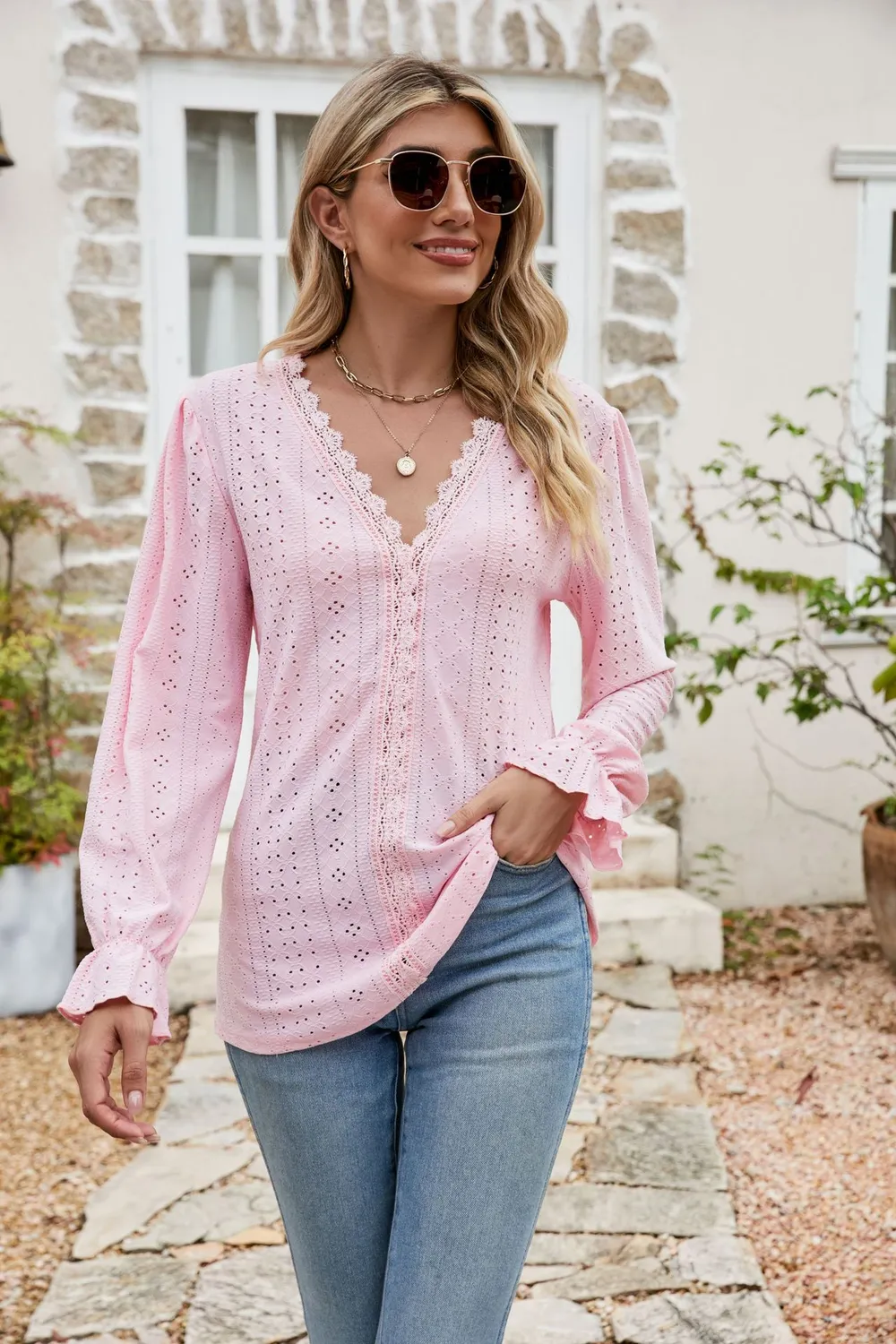 Eyelet Lace Trim Flounce Sleeve Blouse, image 12