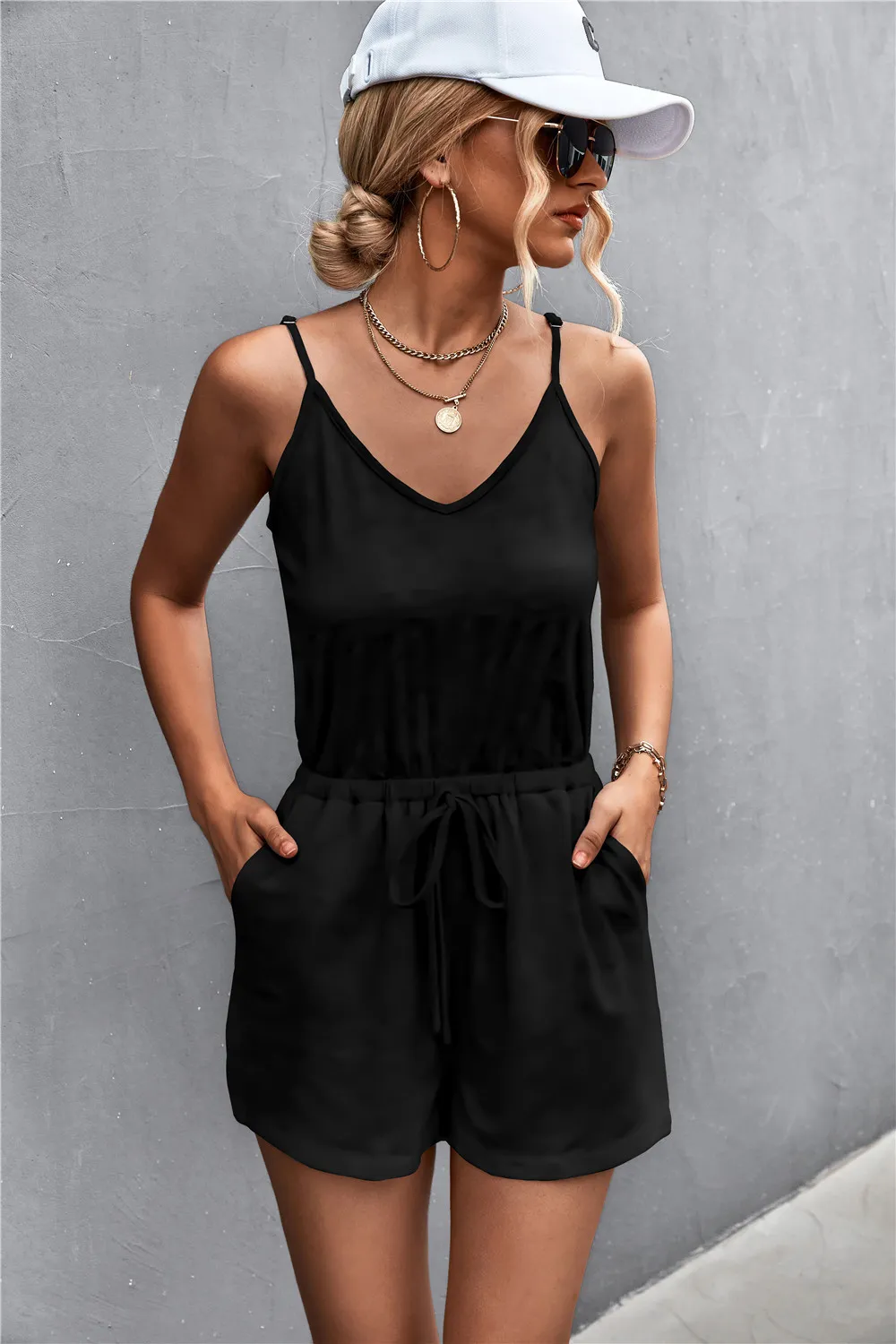 Spaghetti Strap V-Neck Pocket Romper, image 7