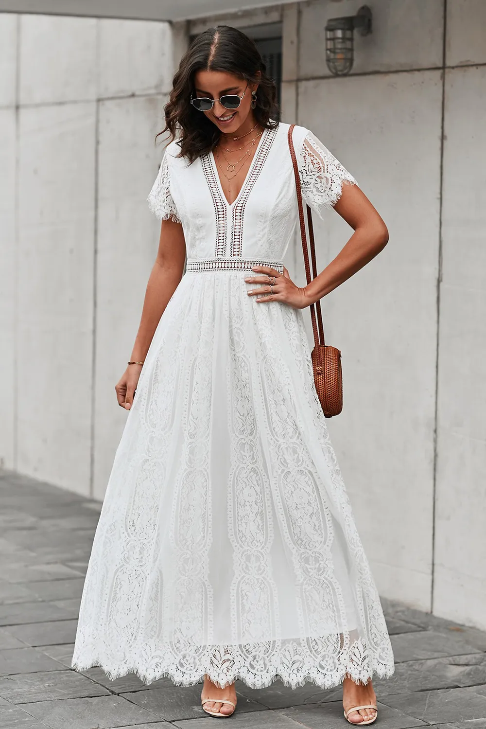 Scalloped Trim Lace Plunge Dress, image 15