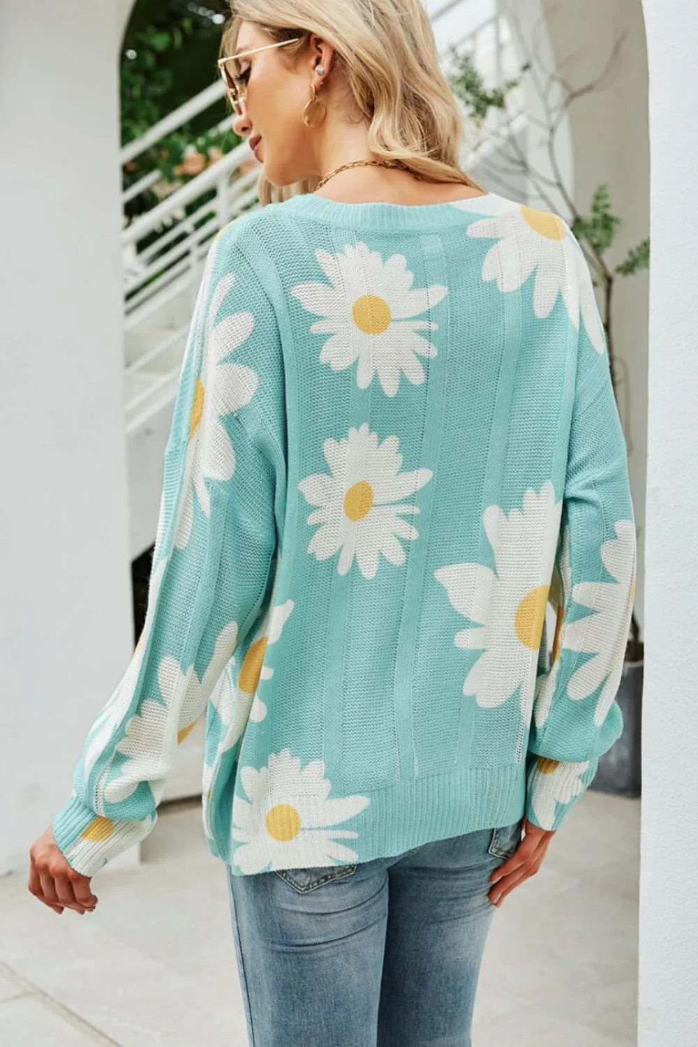 Daisy Print Openwork Round Neck Sweater, image 3