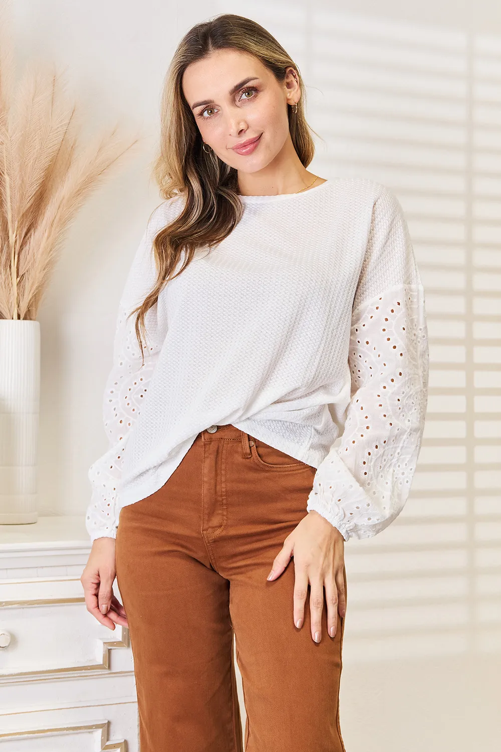 Eyelet Dropped Shoulder Round Neck Blouse, image 7