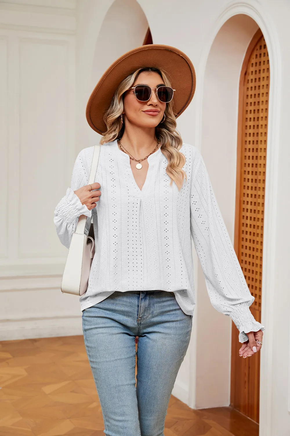 Notched Neck Flounce Sleeve Blouse, image 5