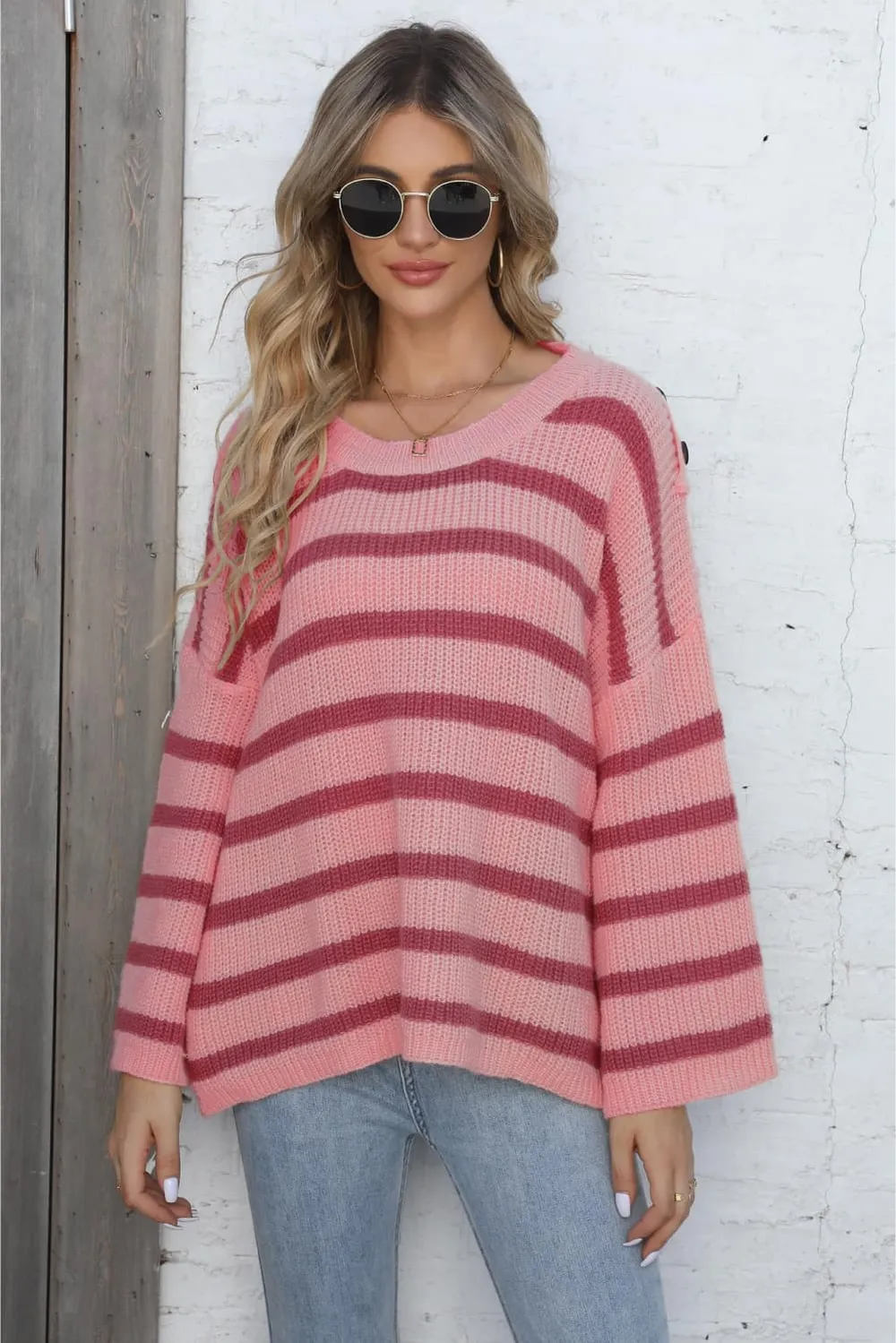 Round Neck Dropped Shoulder Striped Sweater, image 2