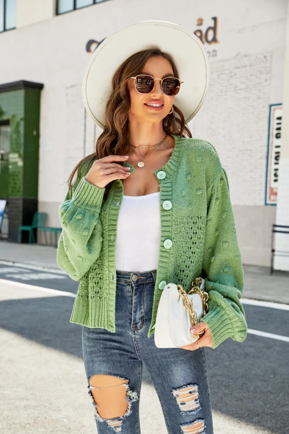 Openwork Pompom Puff Sleeve Cardigan, image 10