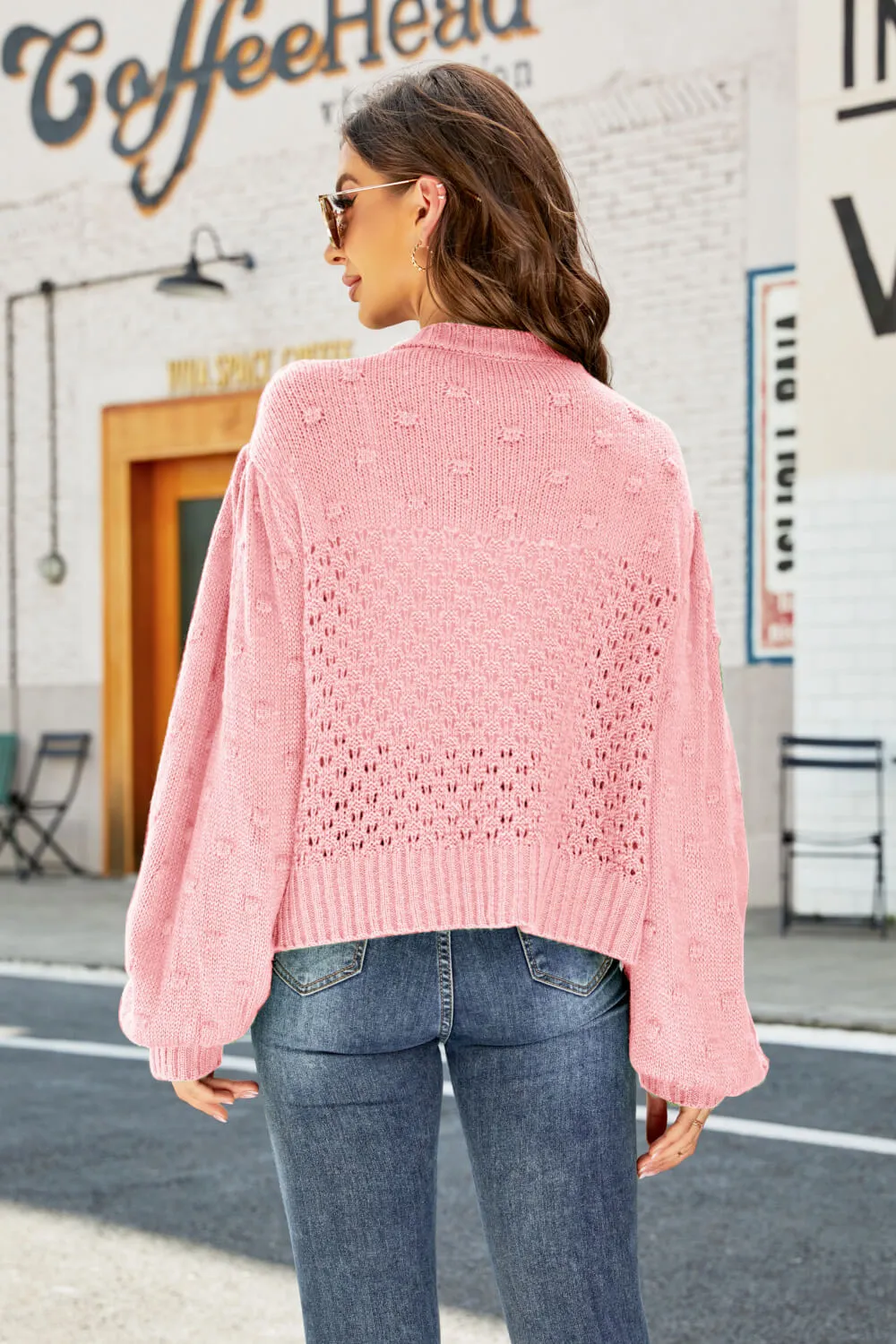 Openwork Pompom Puff Sleeve Cardigan, image 11