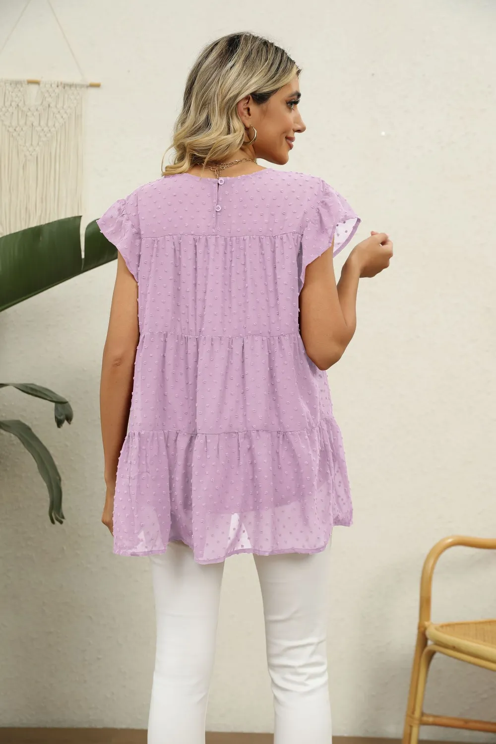 Swiss Dot Round Neck Tiered Blouse, image 3