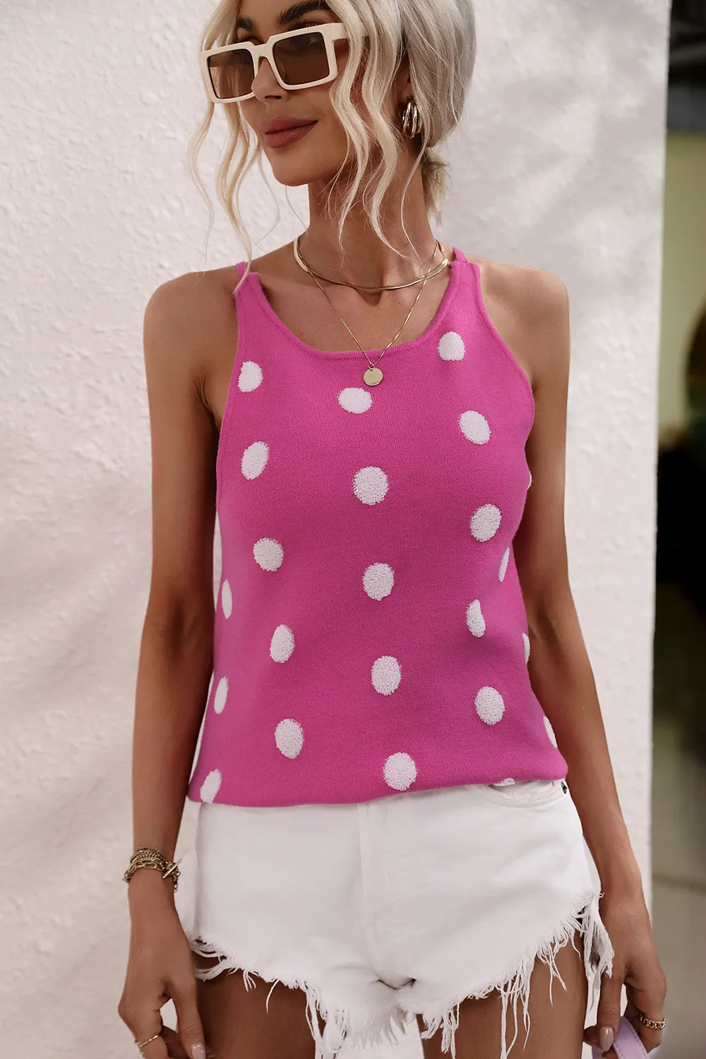 Polka Dot Round Neck Knit Tank, image 4