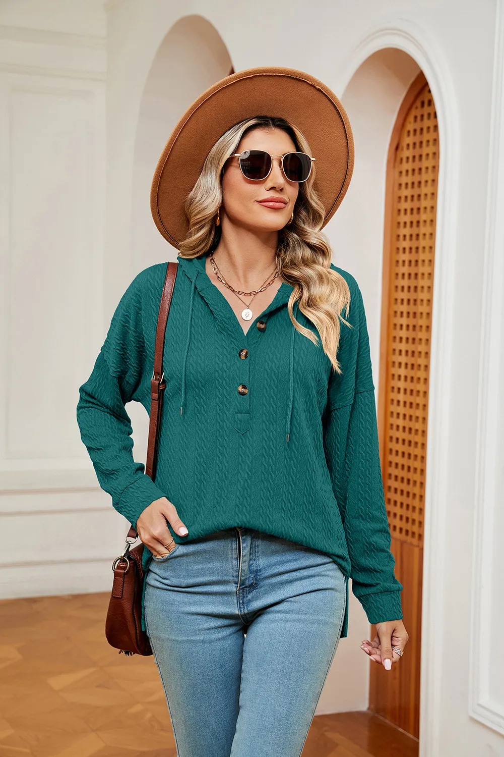 Half-Button Dropped Shoulder Hoodie, image 2