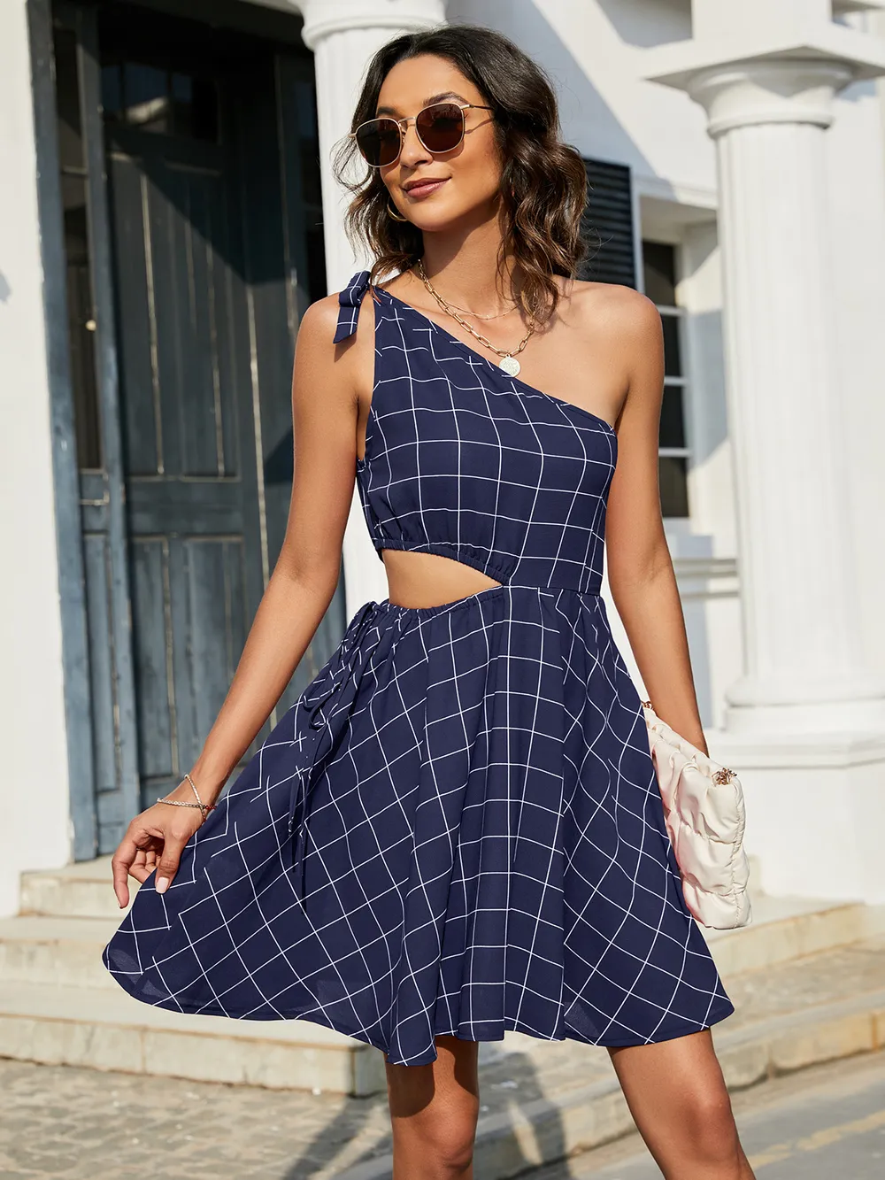 Grid One-Shoulder Tied Cutout Dress, image 7