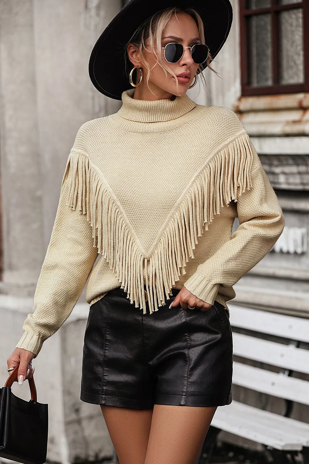 Turtle Neck Tassel Front Long Sleeve Pullover Sweater, image 20